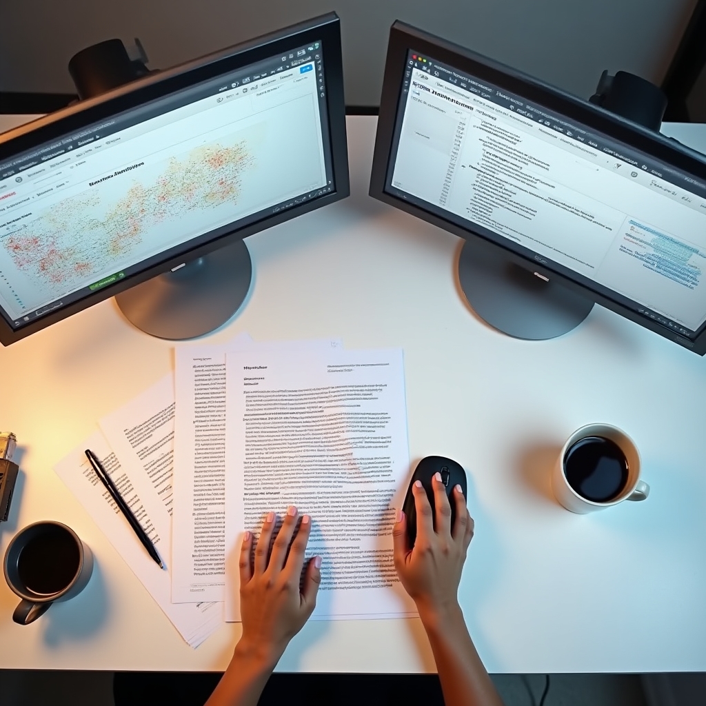 Consultant analyzing backlink profile data with anchor text distribution charts on a dual monitor setup