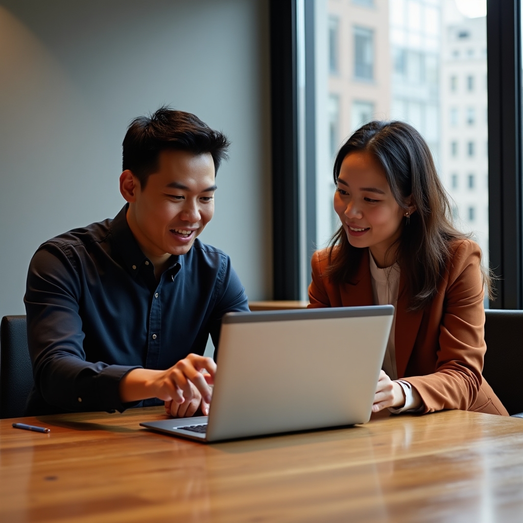 Two consultants reviewing Google Search Console manual action notice on a laptop screen