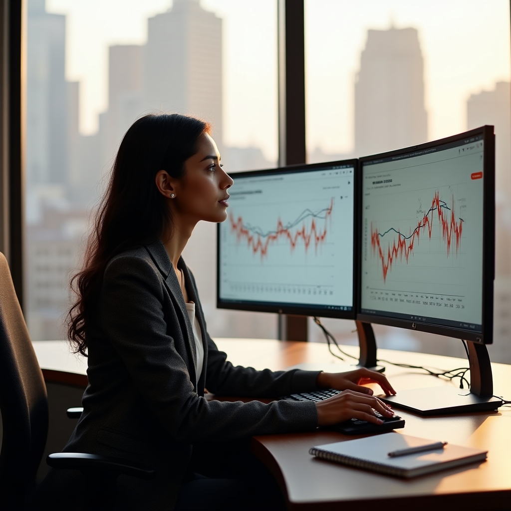 SEO analyst reviewing traffic drop data on multiple monitors in a modern Chicago office